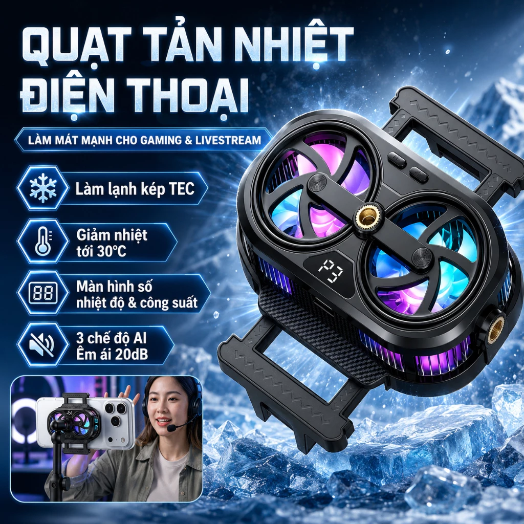 Bộ Tản Nhiệt Điện Thoại Livestream AI Hiển Thị Nhiệt Độ 2 Quạt Hỗ Trợ Đèn Livestream Cho Game Quay Video
