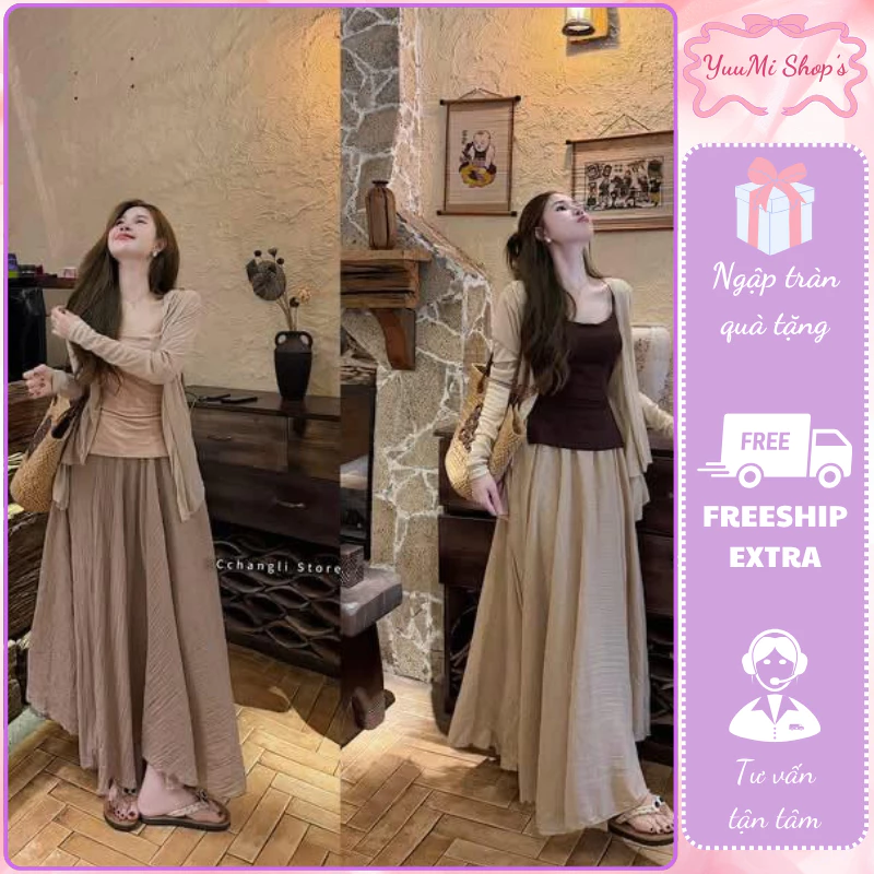 Set 3 món nữ đi chơi gồm áo hai dây kèm áo khoác cardigan và chân váy dài maxi tôn dáng HCOM27304