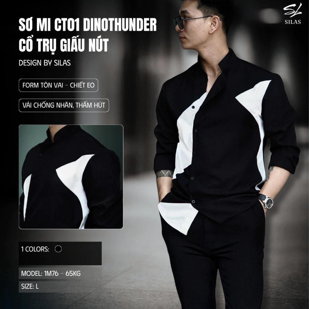(Form Tôn Vai) Áo Sơ Mi SILAS CT01 DinoThunder Cổ Trụ Cotton Chéo Nam Giấu Nút Thoáng Mát - ASL47