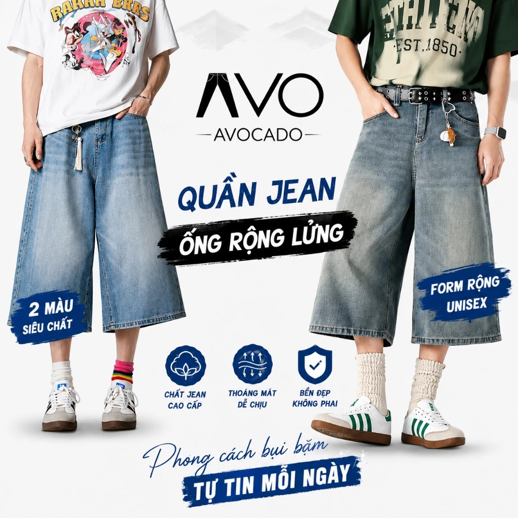 Quần Short Sọt đùi Lửng Ngố Jean bò Nam nữ Đen Xanh Retro Wash Rách form baggy ống rộng Avocado