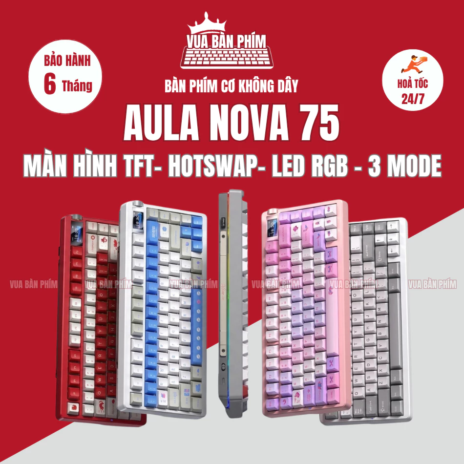 Bàn phím cơ không dây aula Nova 75 mạch xuôi  ,3 mode , màn hình tft , led rgb, hostswap, gasket mount, full foam