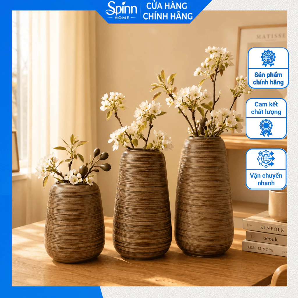 Bình cắm hoa vân gỗ decor phòng cao cấp, lọ gốm men trơn vân ngang trang trí sang trọng hiện đại