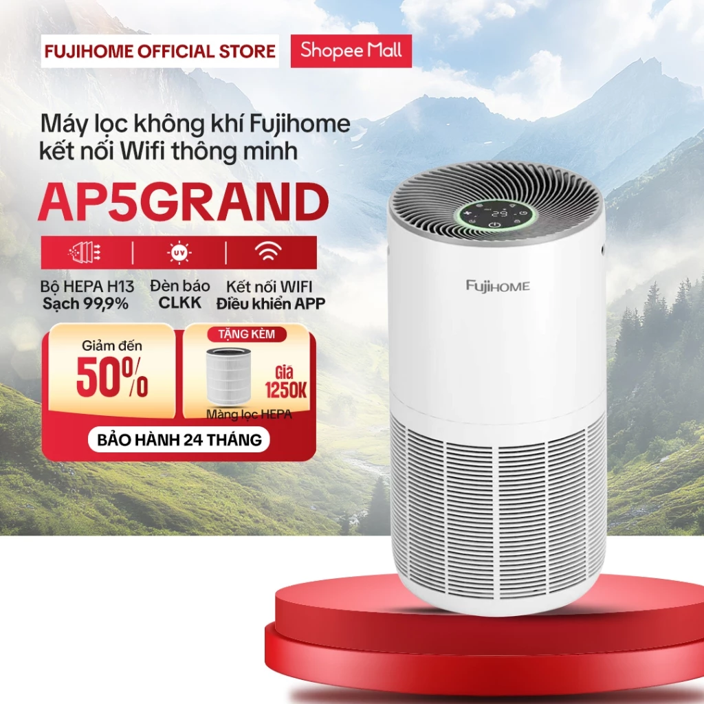 Máy lọc không khí bụi mịn PM2.5 Fujihome AP5GRAND, màng lọc HEPA kết nối Wifi thông minh cảm biến bụi mịn