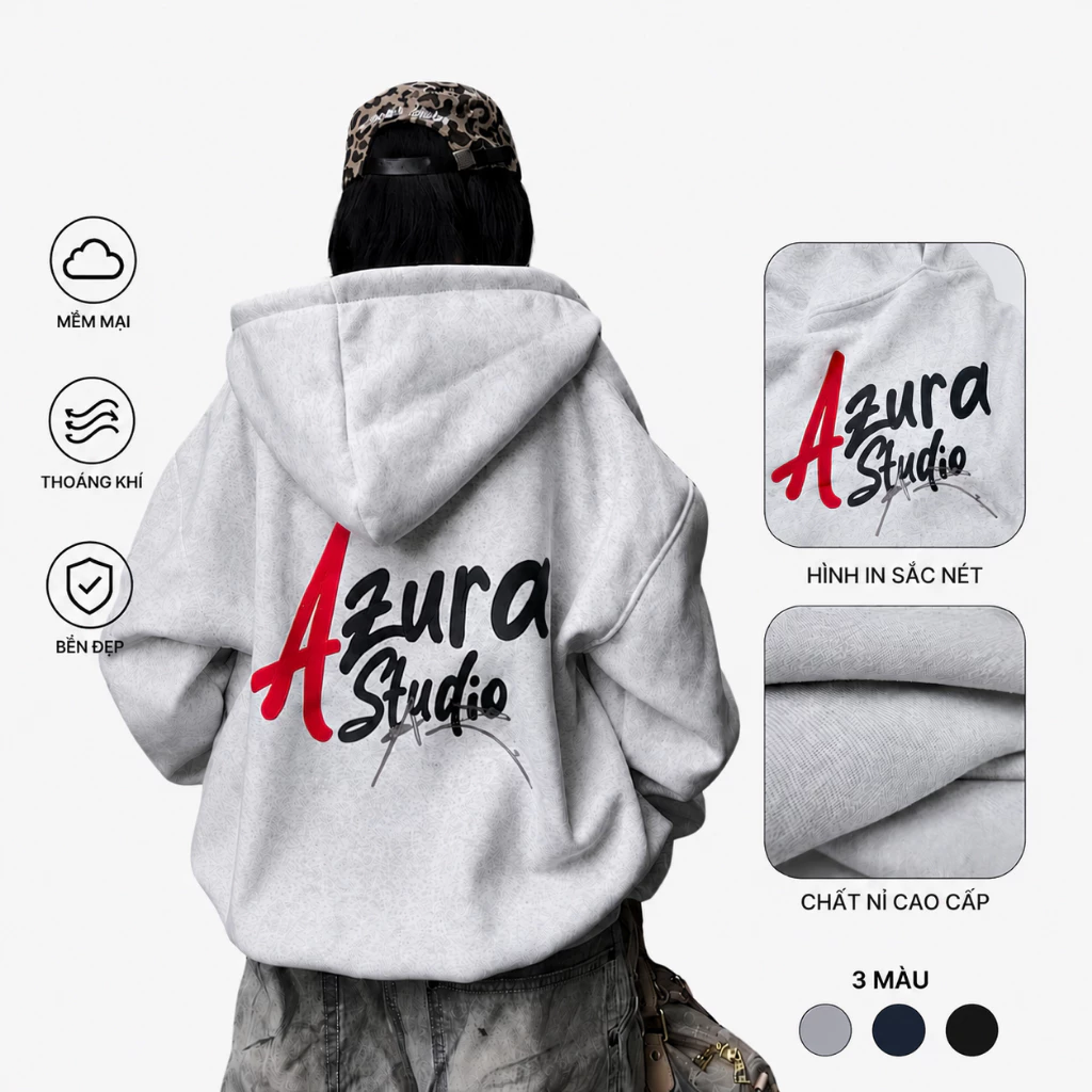Áo Khoác Hoodie Zip Form BOXY AZURA Studio Chất Nỉ Đẹp Form Unisex Nam Nữ In Sắc Nét