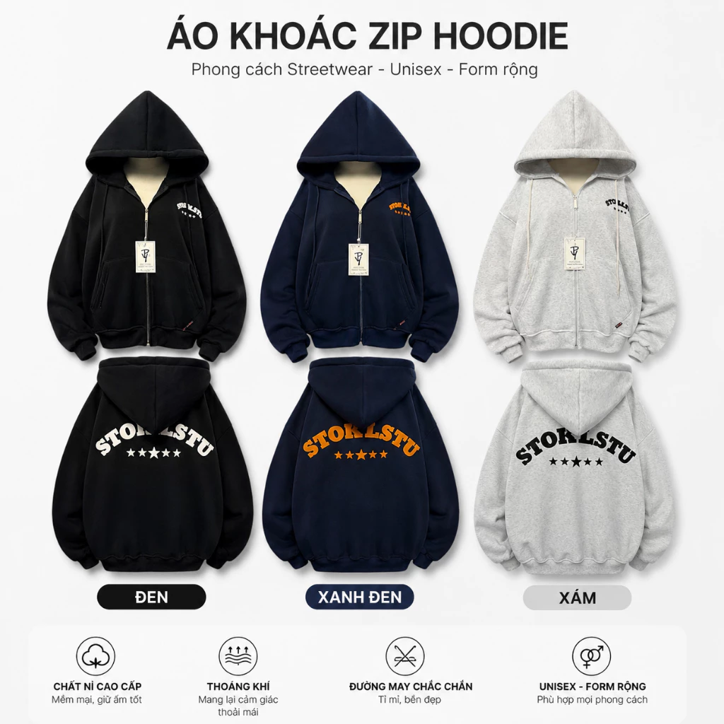 Áo Khoác Nỉ Hoodie Zip In Nổi STORMSTU Form Boxy Freesize Nam Nữ Chất Nỉ Bông Mịn Đẹp