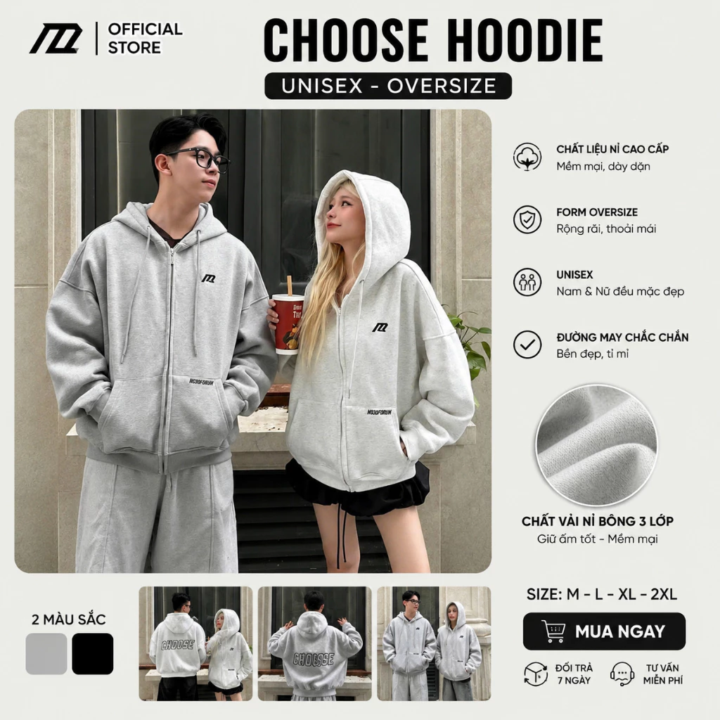 Áo Khoác Nỉ Hoodie Zip Choose Logo Thêu Form Unisex Nam Nữ Chất Nỉ Đẹp Mịn Dày
