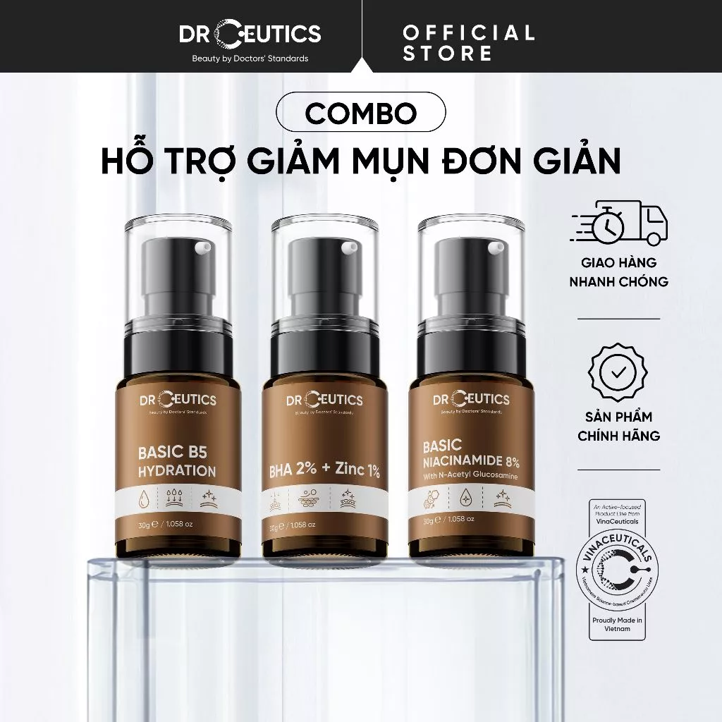 DRCEUTICS Chu Trình Hỗ Trợ Giảm Mụn Đơn Giản Basic B5 Hydration 30g + Basic Niacinamide 8% 30g + BHA 2%+Zinc PCA 1% 30g