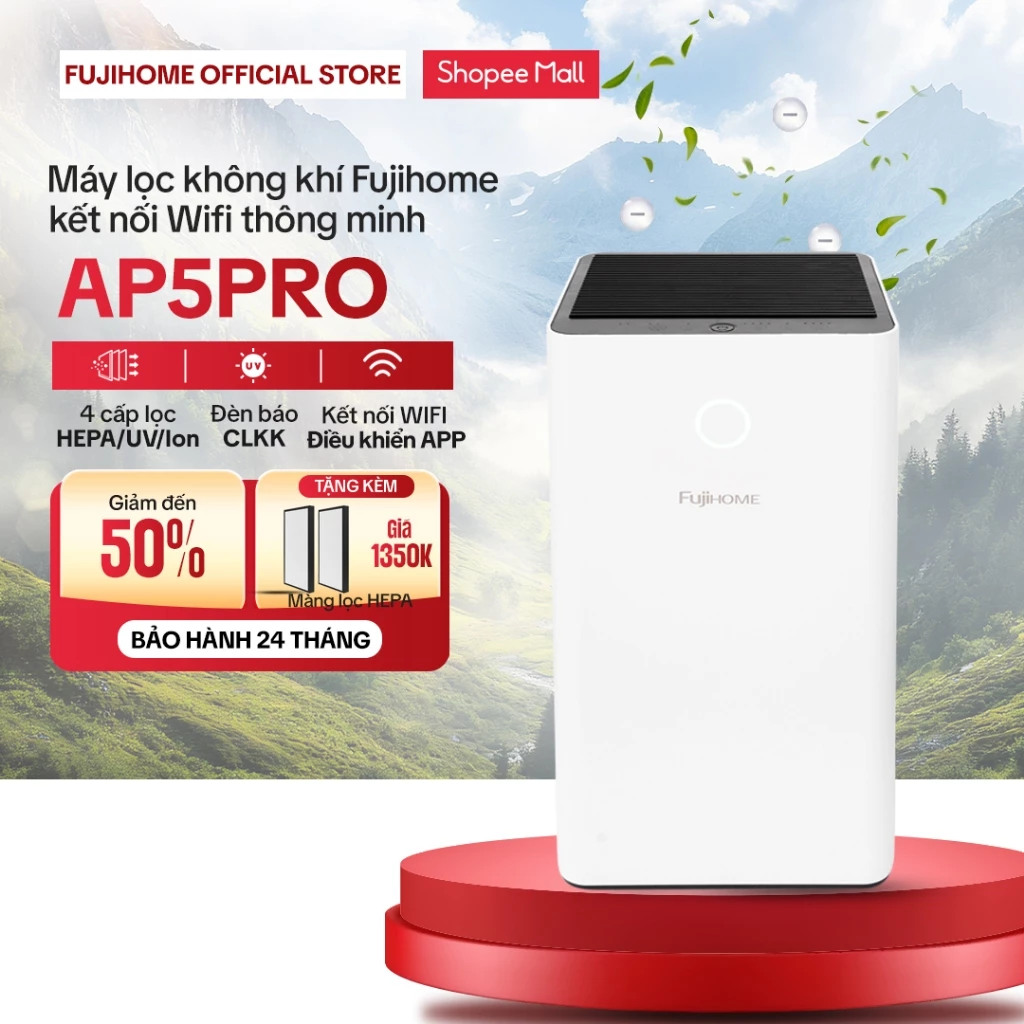 Máy lọc không khí lọc sạch bụi mịn phòng 20-50m2 UV khử mùi FUJIHOME AP5PRO, kết nối WIFI điều khiển APP thông minh