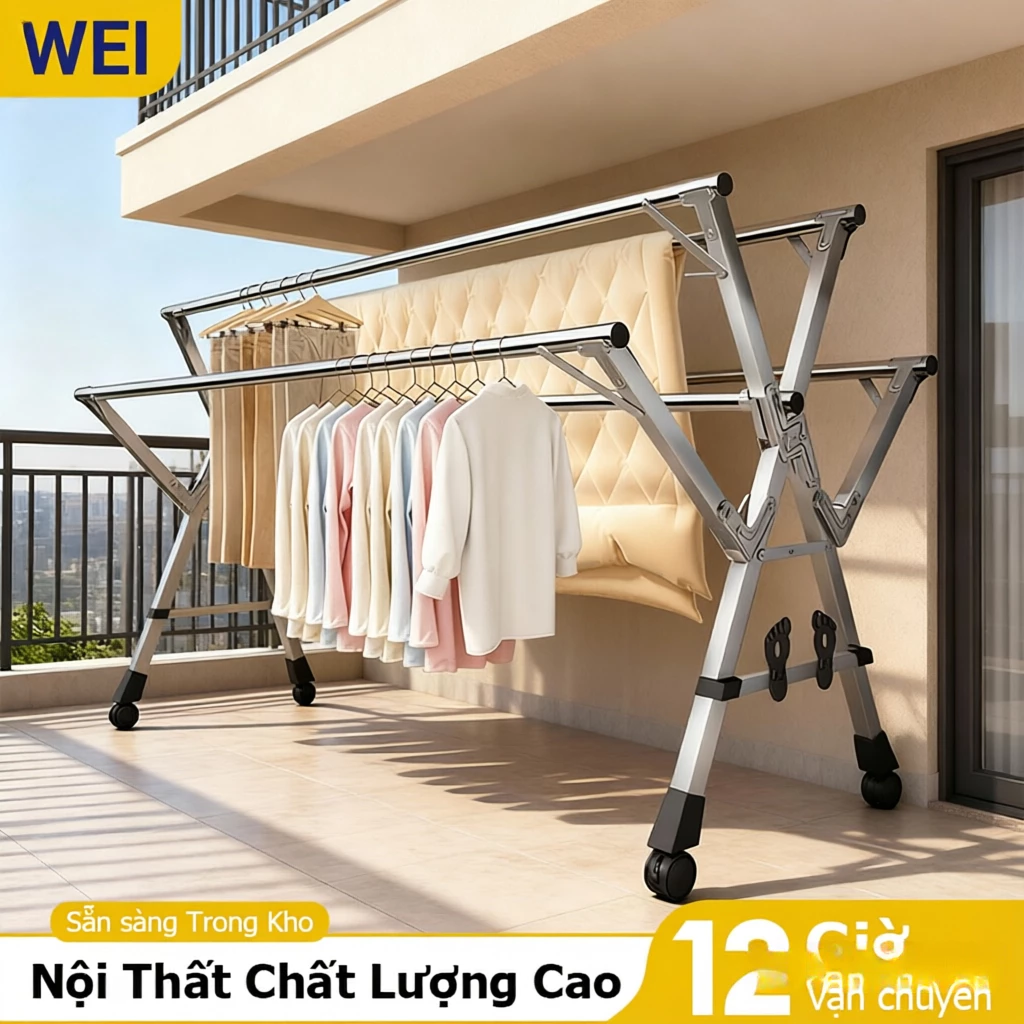 【TOP BÁN】Giá Phơi Quần Áo GẤP GỌN - KÉO DÀI LINH HOẠT - Ống Thép Dày Chắc Chắn-Xếp gọn tiện lợi- Chống Rỉ - GIÁ SIÊU TỐT