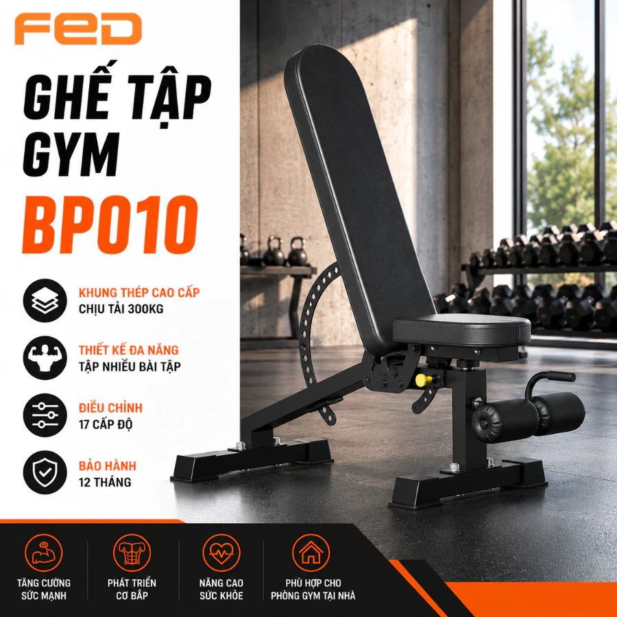 Ghế Tập Gym Đa Năng V-TAP BP010, Ghế Tập Tạ Chịu Lực 300kg Ống Thép Dày 2mm 17 Mức Độ Điều Chỉnh