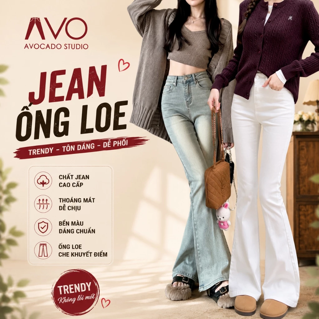 Quần Bò Jeans Nữ Ống Loe Avo Avocado Lưng Cao Màu RETRO Chất Dày Dặn Co Giãn Tốt cạp cao ôm eo gọn chân