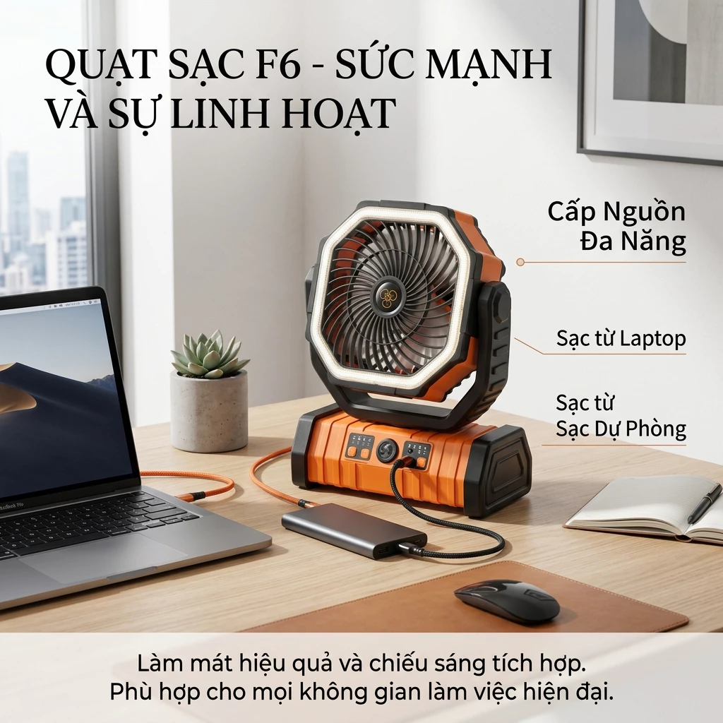 Quạt Tích Điện Đa Năng F6 | Pin 20000mAh | Quạt Mini Để Bàn Có Đèn LED Và Sạc USB
