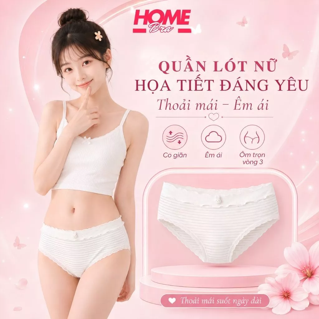 Quần lót nữ cotton cao cấp kháng khuẩn thoáng khí, Quần chip nữ viền ren co giãn HOMEBRA L6444