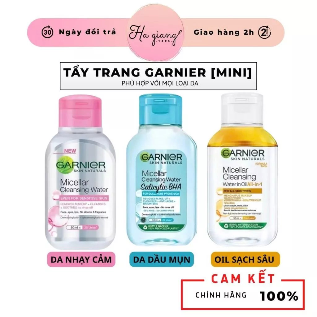Nước tẩy trang Garnier Da Dầu Mụn, Da thường, da khô, da nhạy cảm [MINI 50ML]