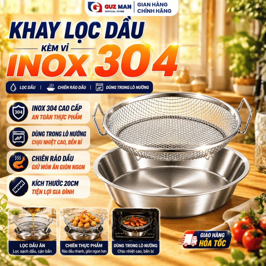 Set Khay Lọc Dầu Inox 304 Kèm Vỉ Lưới Ráo Dầu Nhanh Khay Đựng Đồ Chiên Rán Hấp Thực Phẩm Cao Cấp