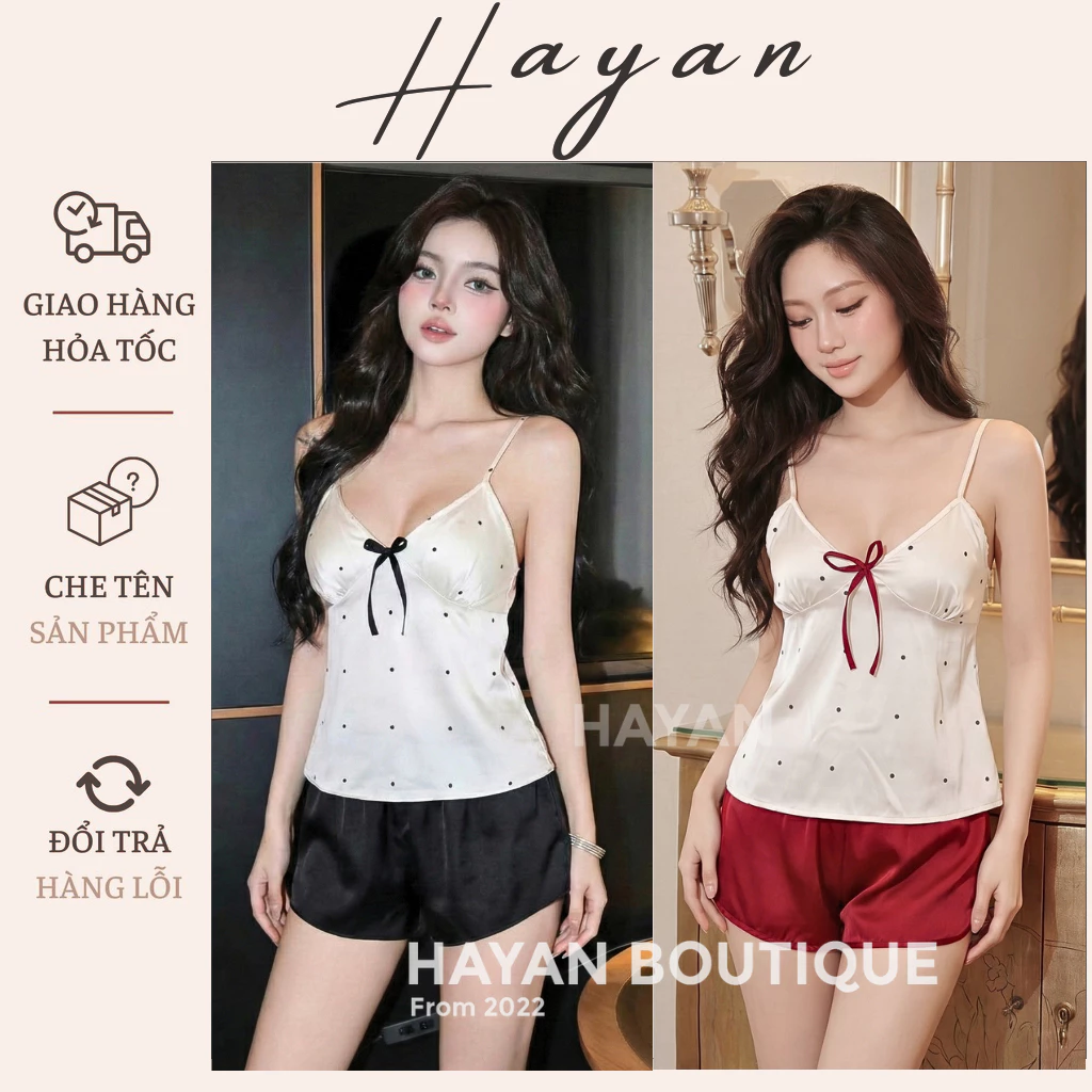 HT135 Bộ ngủ 2s sexy chấm bi kèm ĐỆM LÓT,đồ ngủ lụa phối màu đơn giản tôn dáng HT135 MÚT