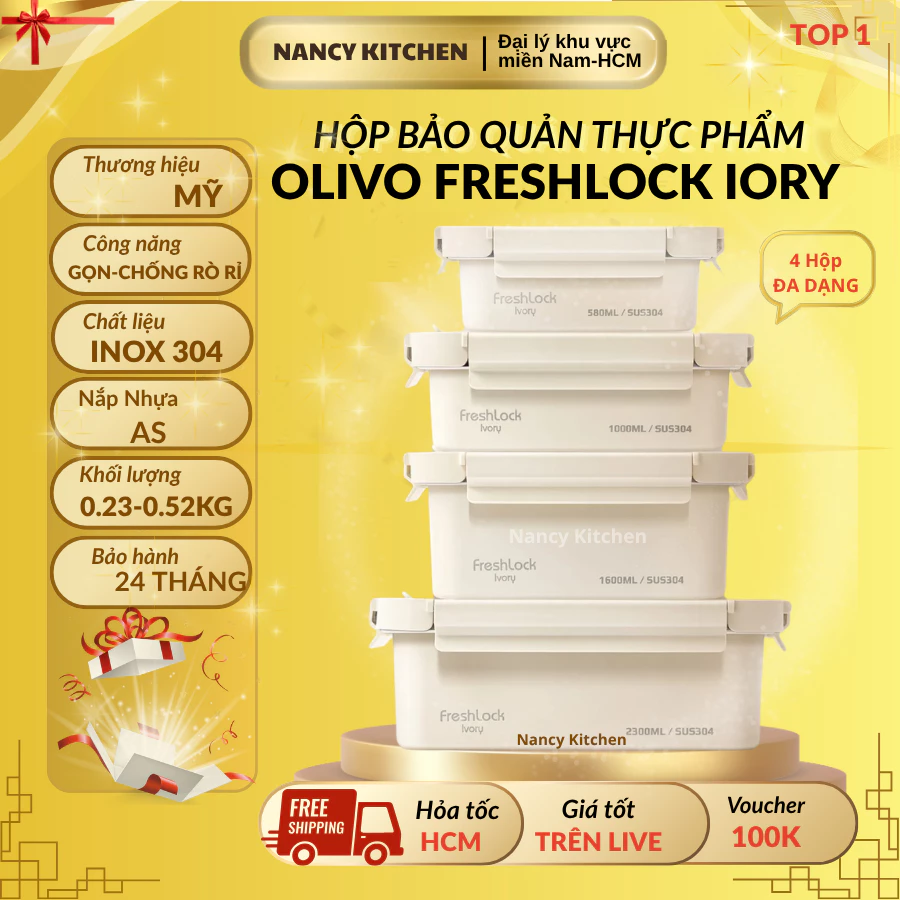 [Chính Hãng] Bộ 4 Hộp Bảo Quản Thực Phẩm Inox 304 Cao Cấp OLIVO FRESHLOCK IVORY, BẢO HÀNH 24 THÁNG
