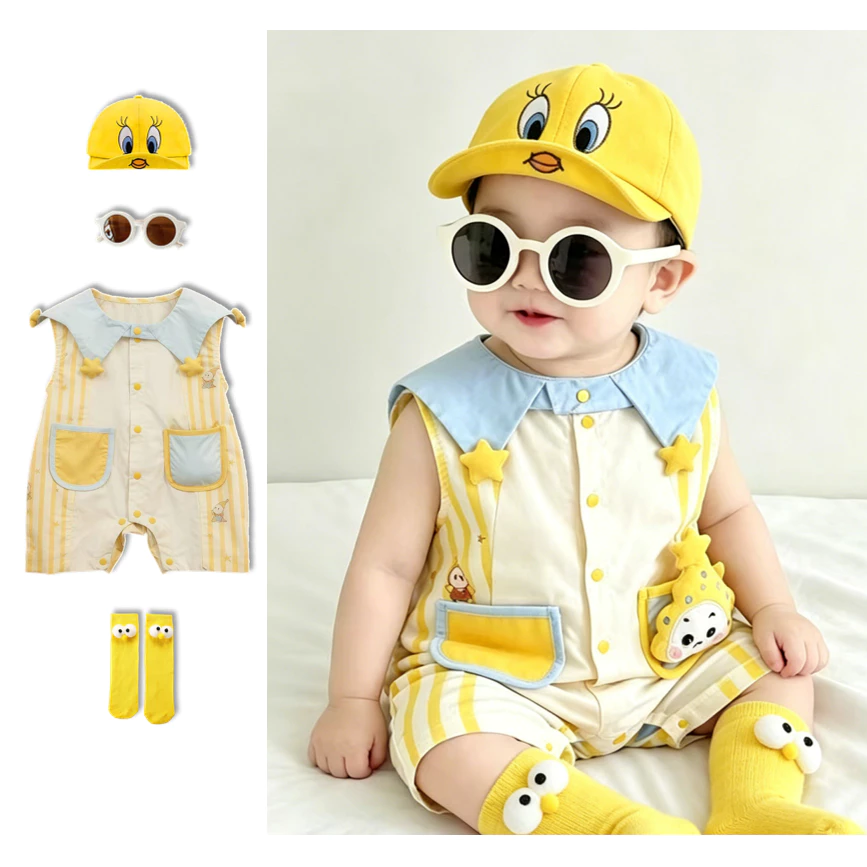 Mùa hè sơ sinh không tay áo Bodysuit siêu dễ thương bông vàng ngôi sao mẫu Hàn Quốc phong cách Jumpsuit 0-24M