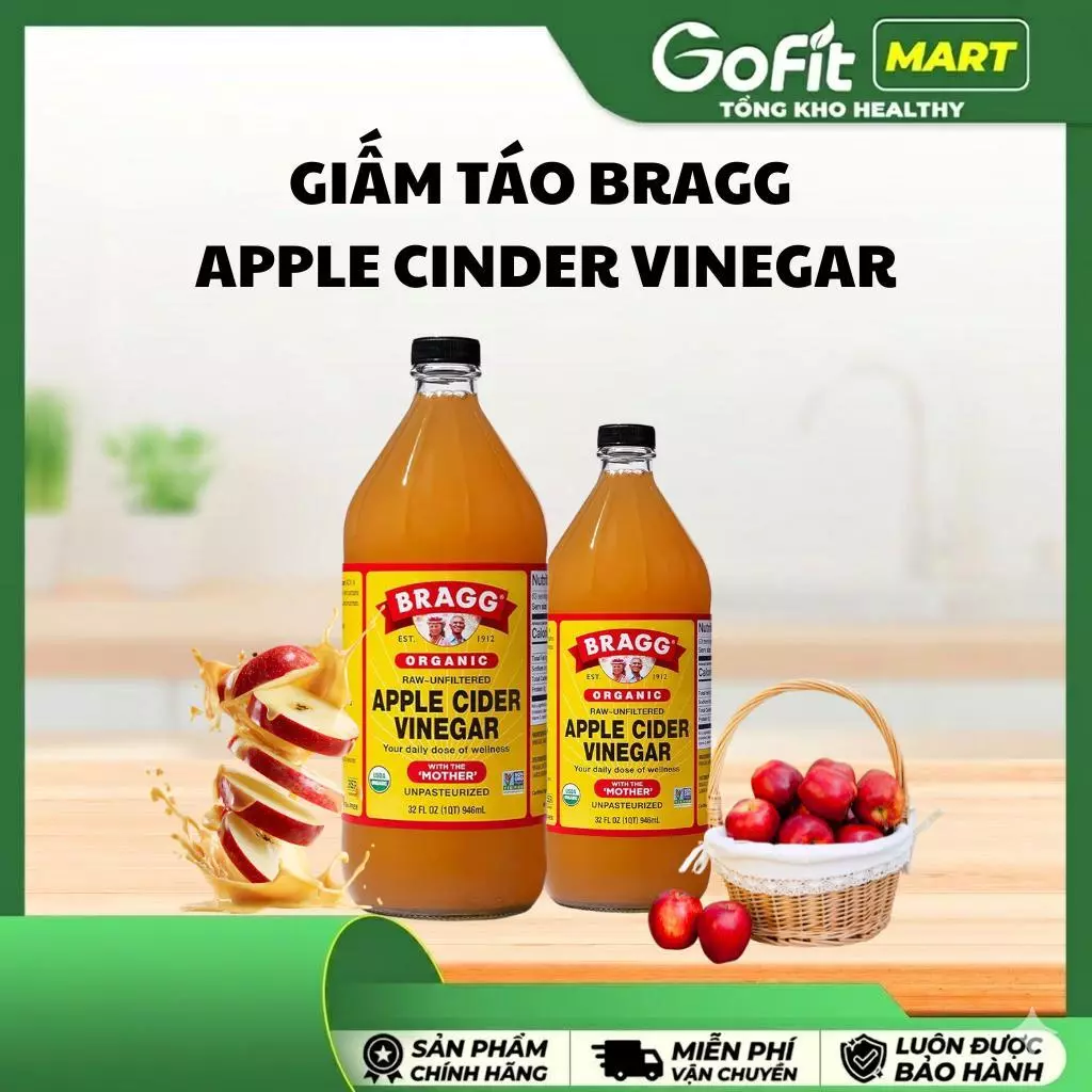 Giấm Táo Hữu Cơ Bragg Organic Mỹ 473ml, 946ml – Có Giấm Cái Hỗ Trợ Giảm Cân, Detox Cơ Thể