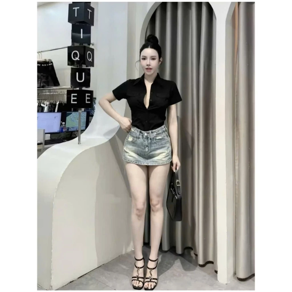 Chân Váy Jean Chữ A Nữ Có Quần Trong, Cạp Cao Phối Rách Nhẹ Tôn Dáng