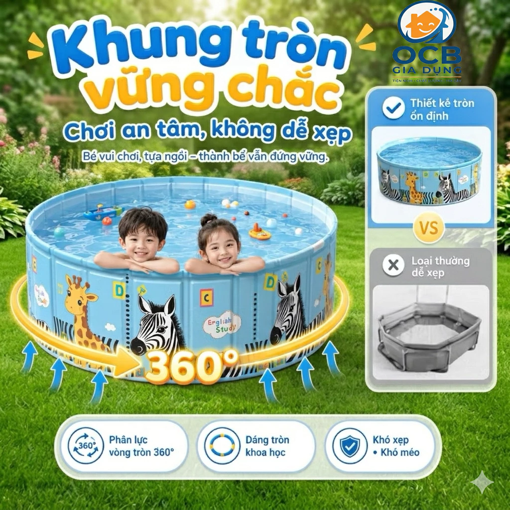 Bể bơi gia đình gấp gọn phiên bản 2026 - Thiết kế không hơi, Bền bỉ, Chống thấm cao cấp, Nhiều size cho trẻ