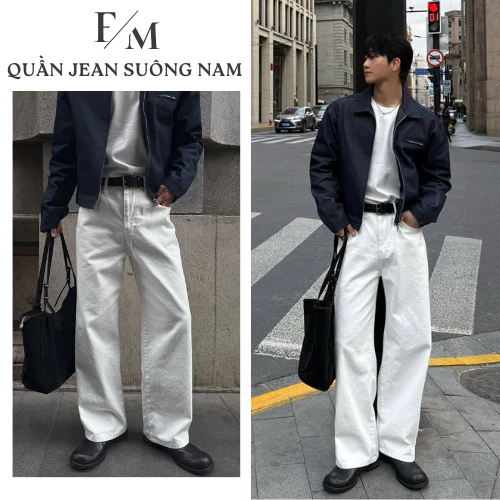 Quần Jean Suông Trắng Nam Nữ Suông Ống Rộng Quần Bò Unisex Lưng Cao Chất Jean Denim Dày Dặn Ulzzang Hàn Quốc