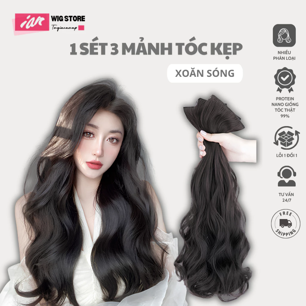 Sét 3 dải tóc giả iAN kẹp xoăn dài cho nữ đẹp cao cấp,làm dày tóc tự nhiên nhẹ mềm đẹp