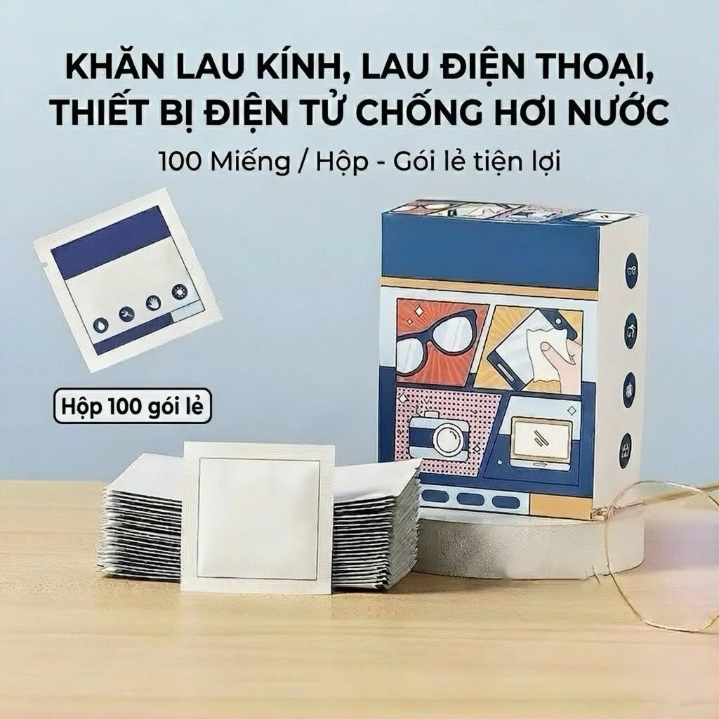 Khăn lau kính, lau điện thoại, thiết bị điện tử chống hơi nước( hộp 100 miếng)