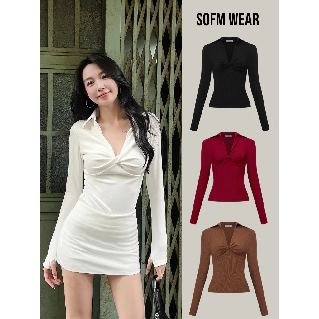 Áo kiểu nữ tay dài xoắn ngực chất thun co giãn tốt không xù Sofm