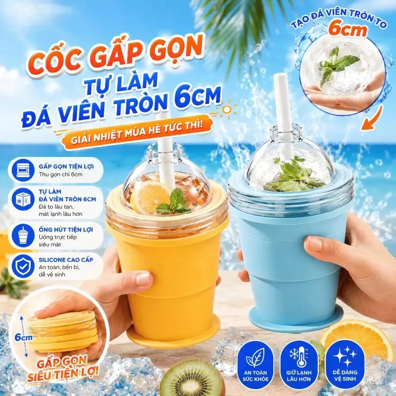 Cốc Gấp Gọn 2in1 Kết Hợp Làm Đá ,Khuôn Làm Đá Kèm Cốc Silicone Ống Hút Tiện Lợi 2026,kèm ống hút