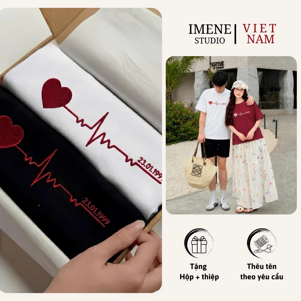 Áo thun cặp đôi nam nữ, áo thun THÊU couple theo yêu cầu, áo phông nữ chất cotton thêu hình nhịp tim IM27