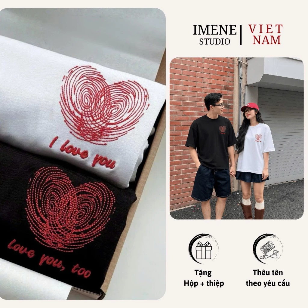 Áo thun cặp đôi nam nữ, áo thun THÊU cặp đôi, áo phông nữ chất cotton form rộng thêu hình vân tay IM22