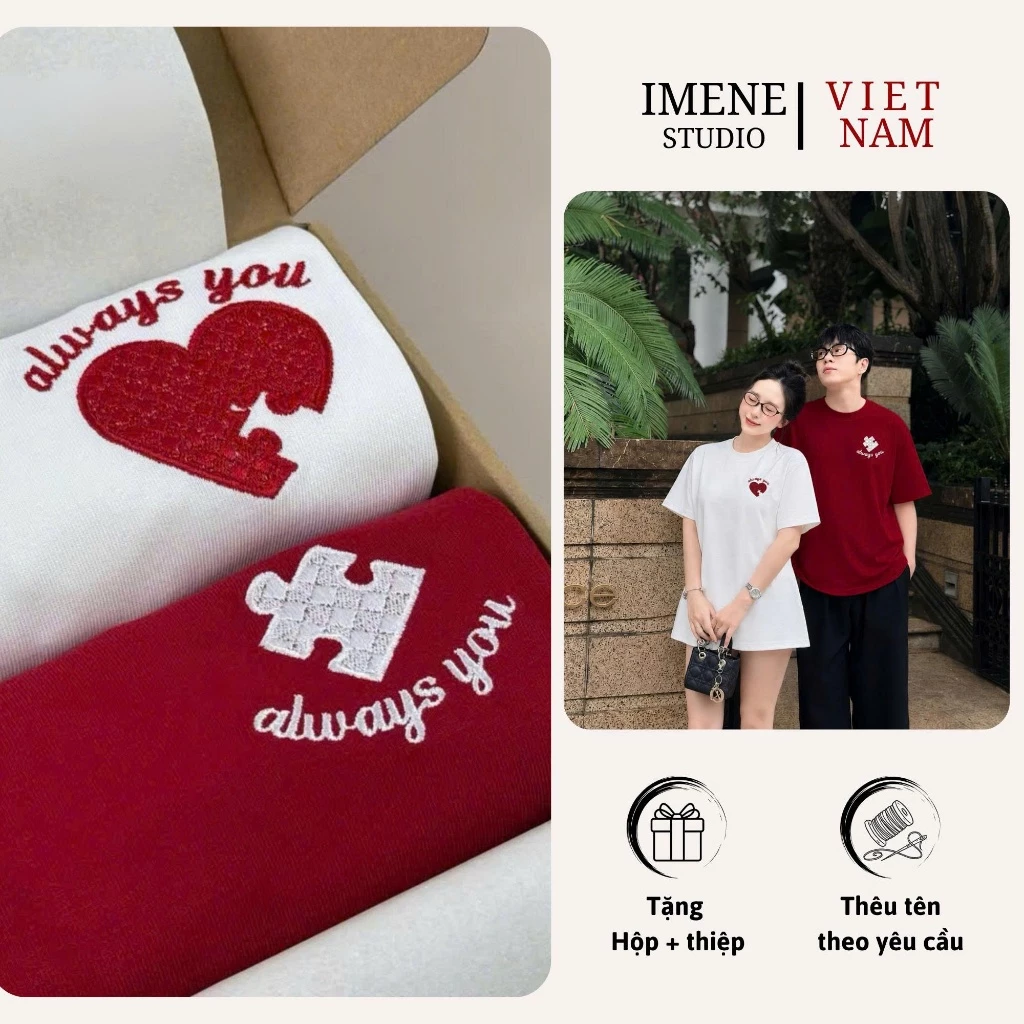 Áo thun cặp đôi nam nữ, áo thun THÊU couple, áo phông nữ chất cotton thêu hình mảnh ghép tình yêu IM26