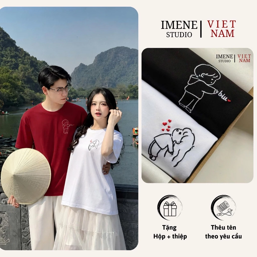 Áo thun THÊU cặp đôi nam nữ, áo thun cặp đôi couple, áo phông nữ chất cotton thêu hình dễ thương đáng iu IM23