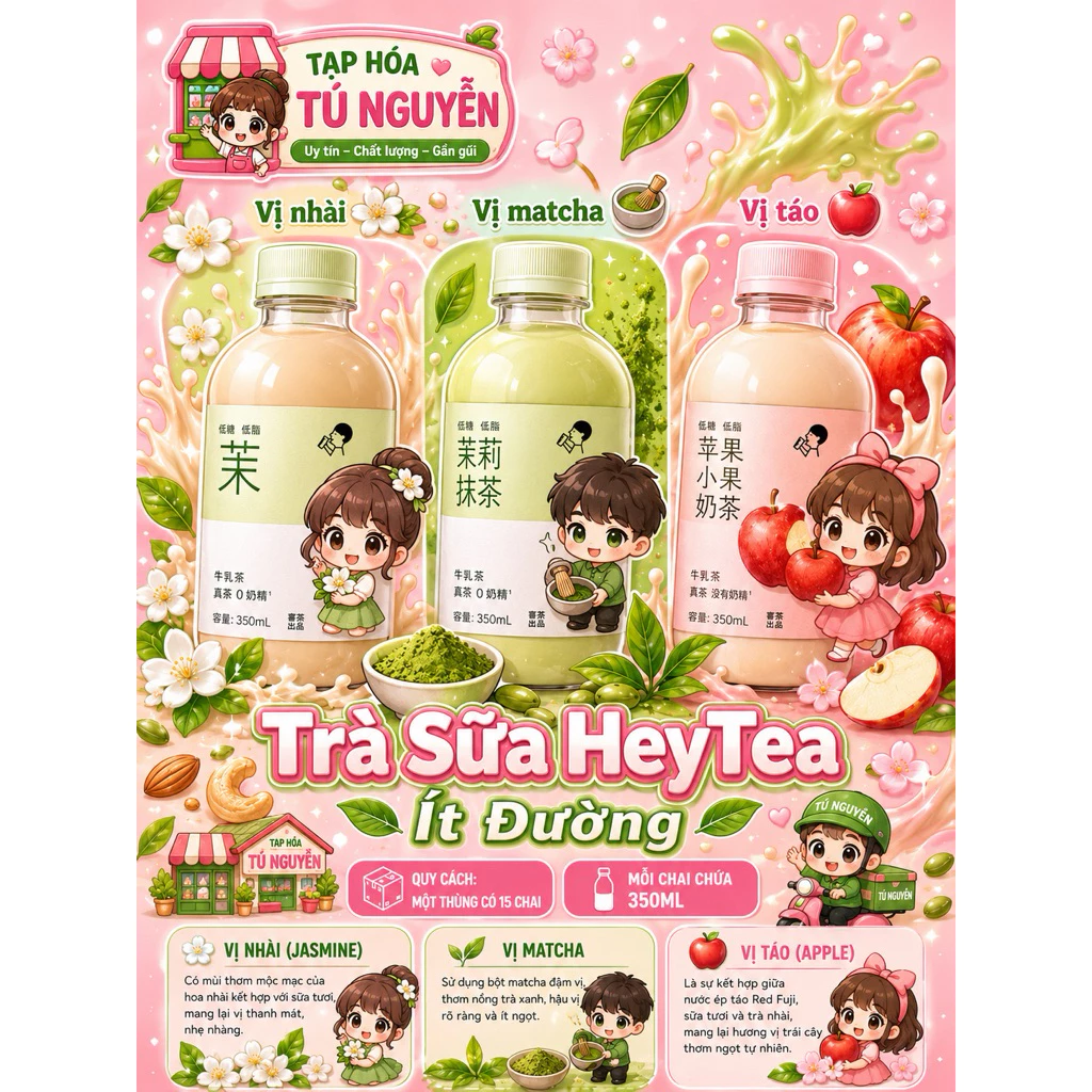 COMBO 3 BÌNH TRÀ SỮA HEYTEA MIX 3 VỊ SIÊU HOT THƠM BÉO MATCHA, NHÀI, TÁO NGON ĂN VẶT