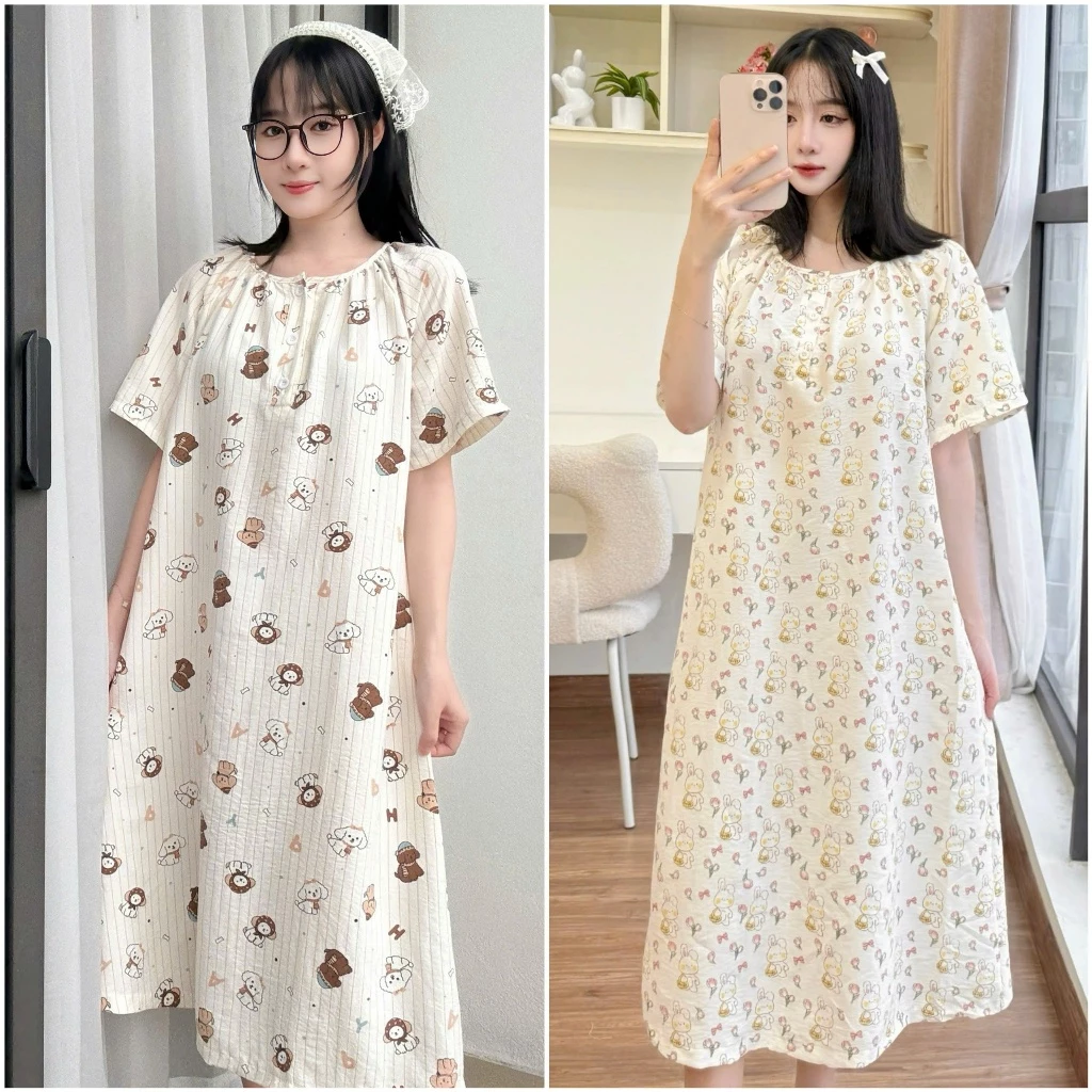 Váy Ngủ Thỏ Trắng Dáng Suông NT13, Chất Vải Đũi Mềm, mặc ở nhà hoặc đi chơi nhẹ nhàng - đồ ngủ Nana