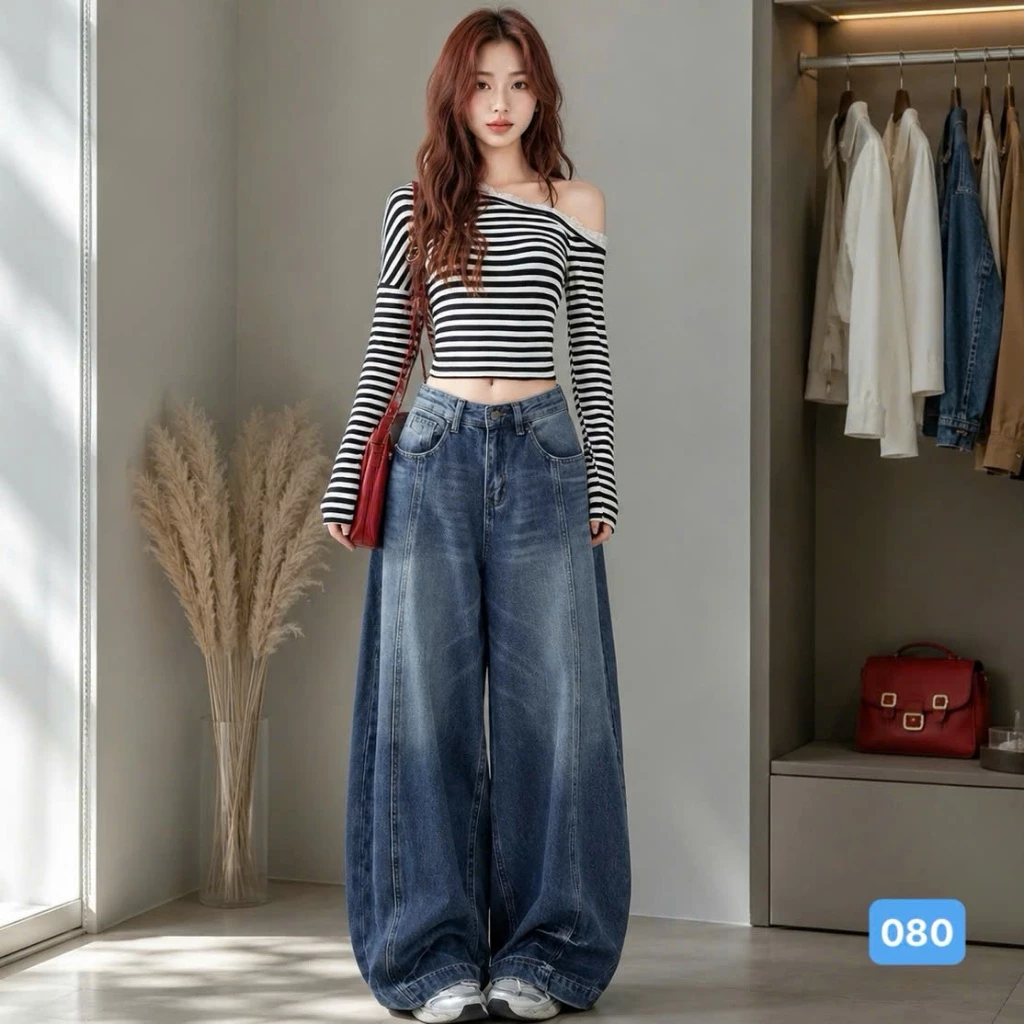 Quần jean baggy nữ suông màu xanh phong cách Ulzzang - Quần jean nữ ống rộng OBOKFASHION QBG080