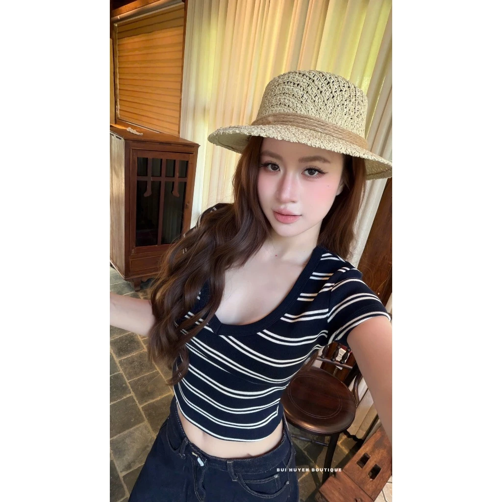 Áo thun kẻ cổ tim - Hàng QC (kèm ảnh thật)