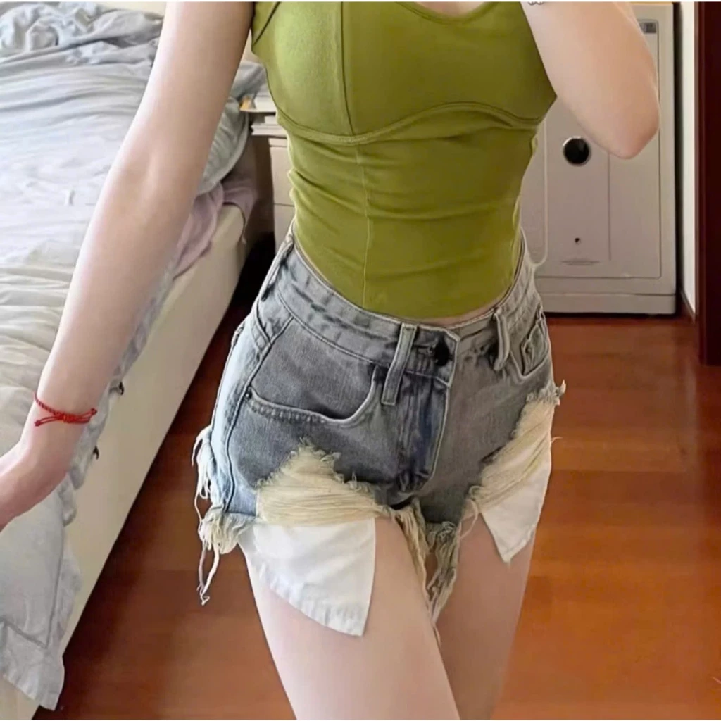Quần Short Jean Nữ Rách Gấu Tua Rua Lộ Túi, Quần Đùi Bò Denim Lưng Cao Form Đẹp
