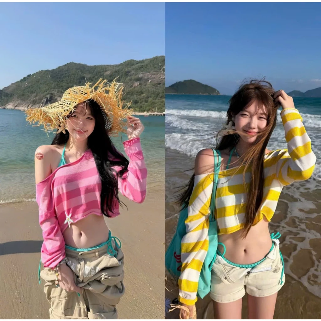 Áo trễ vai tay dài phong cách,áo thun lệch vai croptop kẻ sọc ngang form rộng mặc được hai kiểu phong cách Ulzzang
