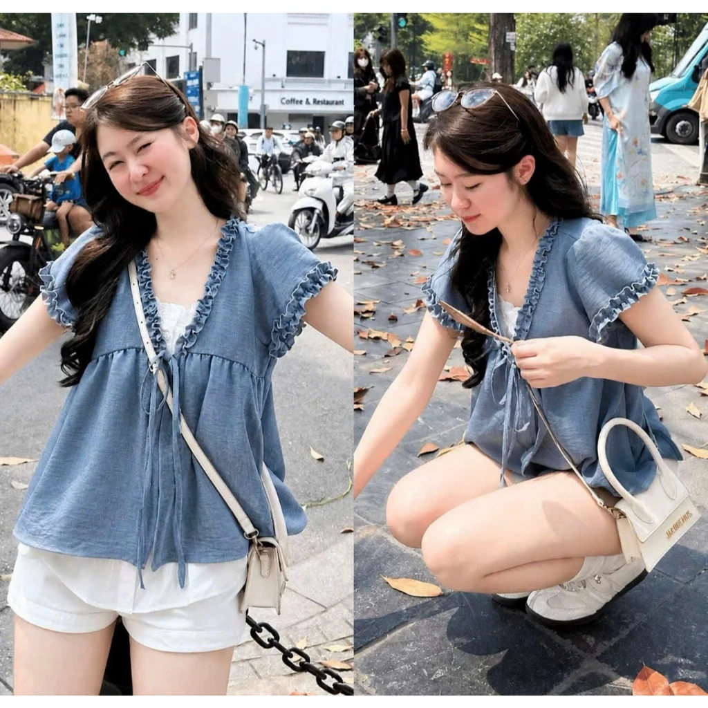 Áo Sơ Mi Nữ Babydoll Cổ V Buộc Nơ,Áo Kiểu Ngắn Tay Viền Bèo Phối Ren Trắng Chất Đũi Thoáng Mát