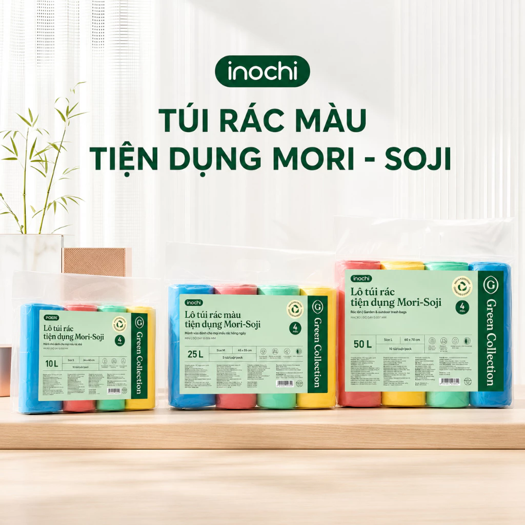 Lô túi rác màu tiện dụng Inochi - Soji 4 x 10L, 25L, 50L có quai cầm(4 cuộn)