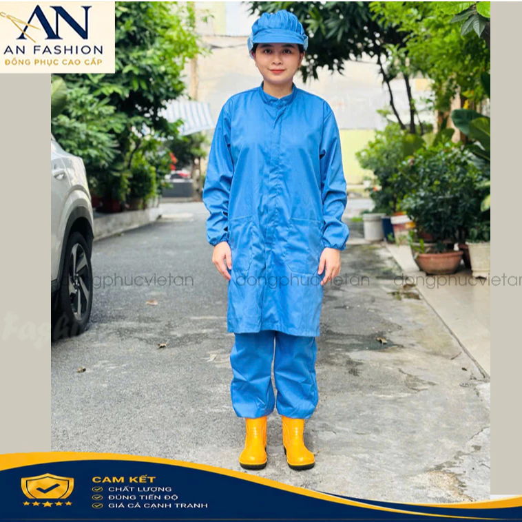 Áo blouse thực phẩm màu xanh dương - thủy sản vải kaki dài tay cực mát - hàng sẵn