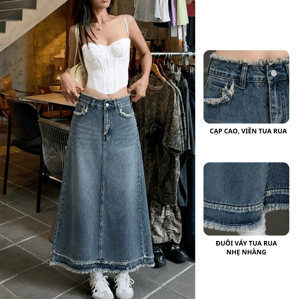 Chân váy jeans dáng dài tua gấu, chân váy bò nữ dáng chữ A tôn dáng phong cách Hàn Quốc ED01