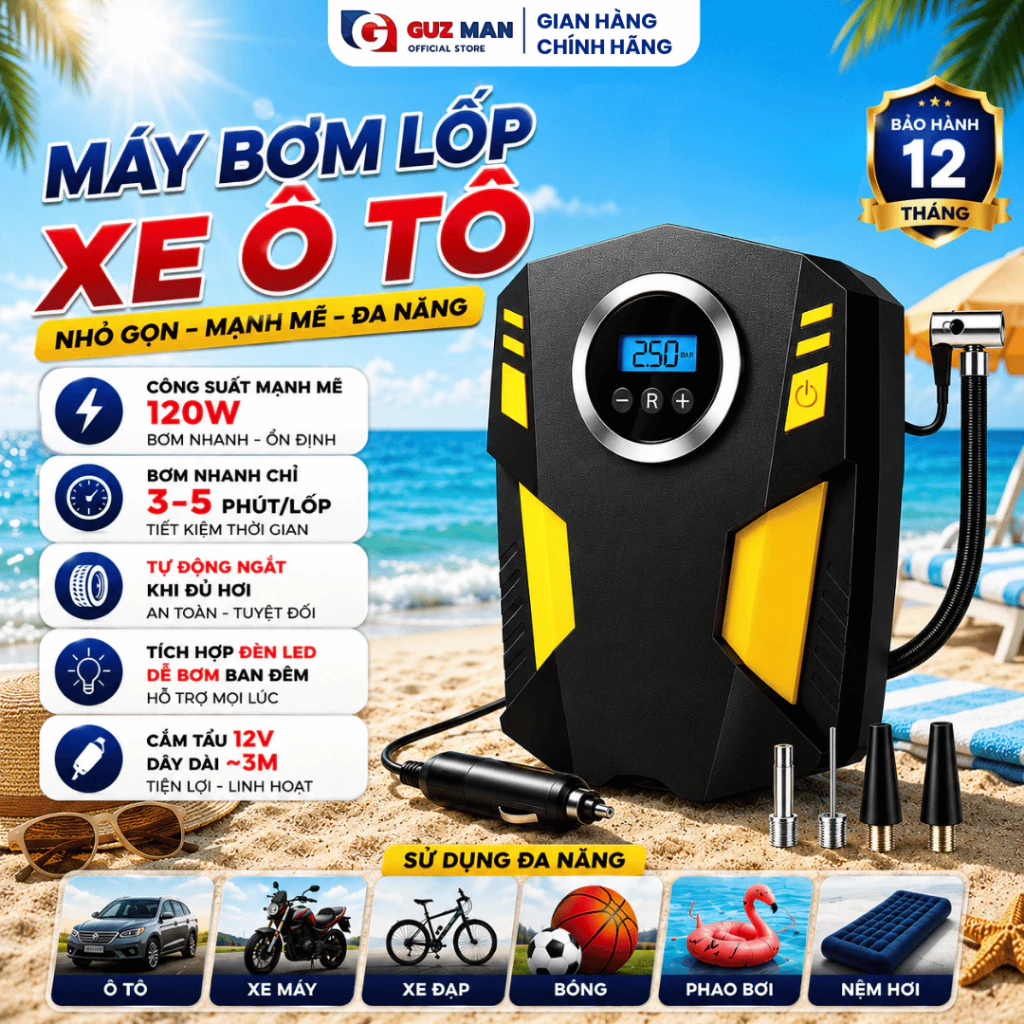 Máy Bơm Lốp Xe Ô Tô, Xe Hơi Mini Điện Tử Tự Ngắt 120W- Bơm Nhanh Màn Hình Led Cao Cấp Tiện Lợi