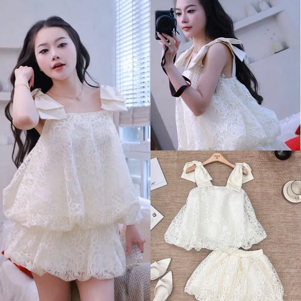 (Set 2 Món): Set Ren Quai Nơ Dáng Bồng Mix Chân Váy Bí Hàng Hot Summer Tone Kem Cực Tôn Da-Ảnh Thật Lollaye