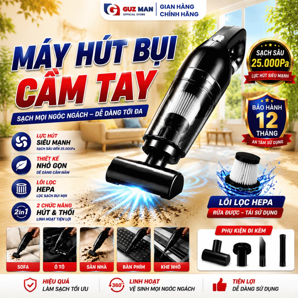 Máy Hút Bụi Cầm Tay Mini, Máy hút bụi Ô Tô,Gia Đình Công suất 120W không dây Pin sạc tiện lợi