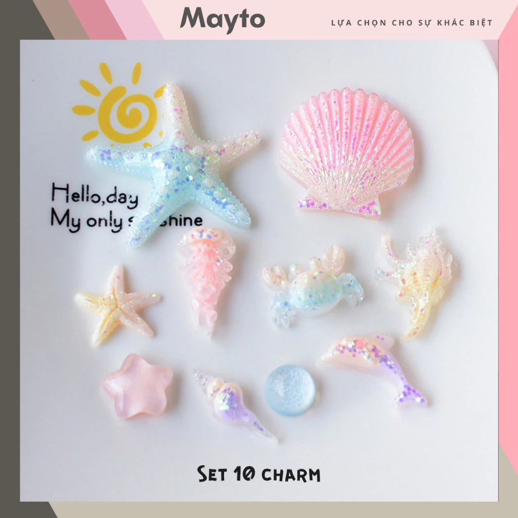 Bộ 10 Sticker, Charm 3D chủ đề Sao biển lấp lánh nhựa cứng gắn Dép Sục, Cá sấu Mayto JB-466