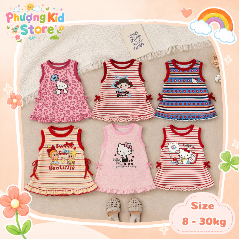 [A12] Váy Xinh Ba Lỗ Hoạ Tiết Báo , Kẻ Sọc In Hình Hellokitty Dành Cho Bé Gái Sz 9-35KG Chất Liệu Mềm Mại Co Giãn