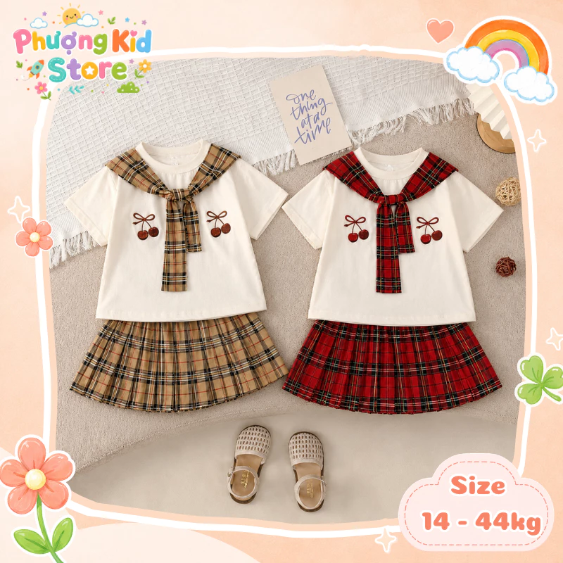[A08] Set Váy Xếp Ly Kẻ Caro Phối Kèm Khăn Quàng Chất Cotton Mềm Mại Co Giãn Sz 14-44 KG Phù Hợp Đi Học Đi Chơi
